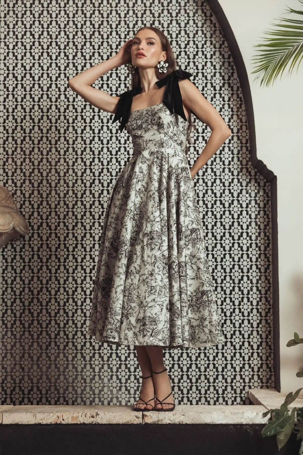 Black Ivory Printed A Line Midi Dress With Bow Straps