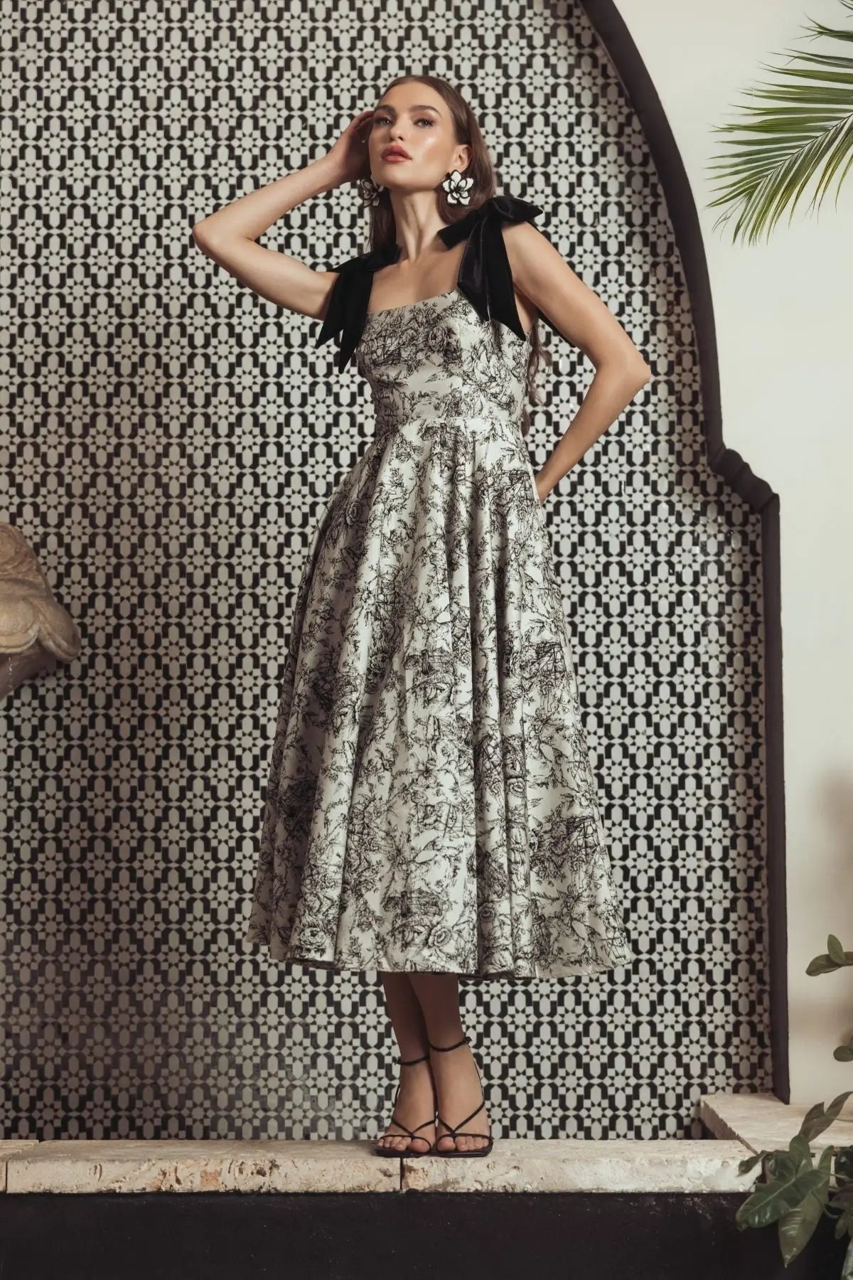 Black Ivory Printed A Line Midi Dress With Bow Straps