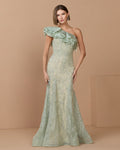 Sage Embellished Lace One Shoulder Trumpet Gown