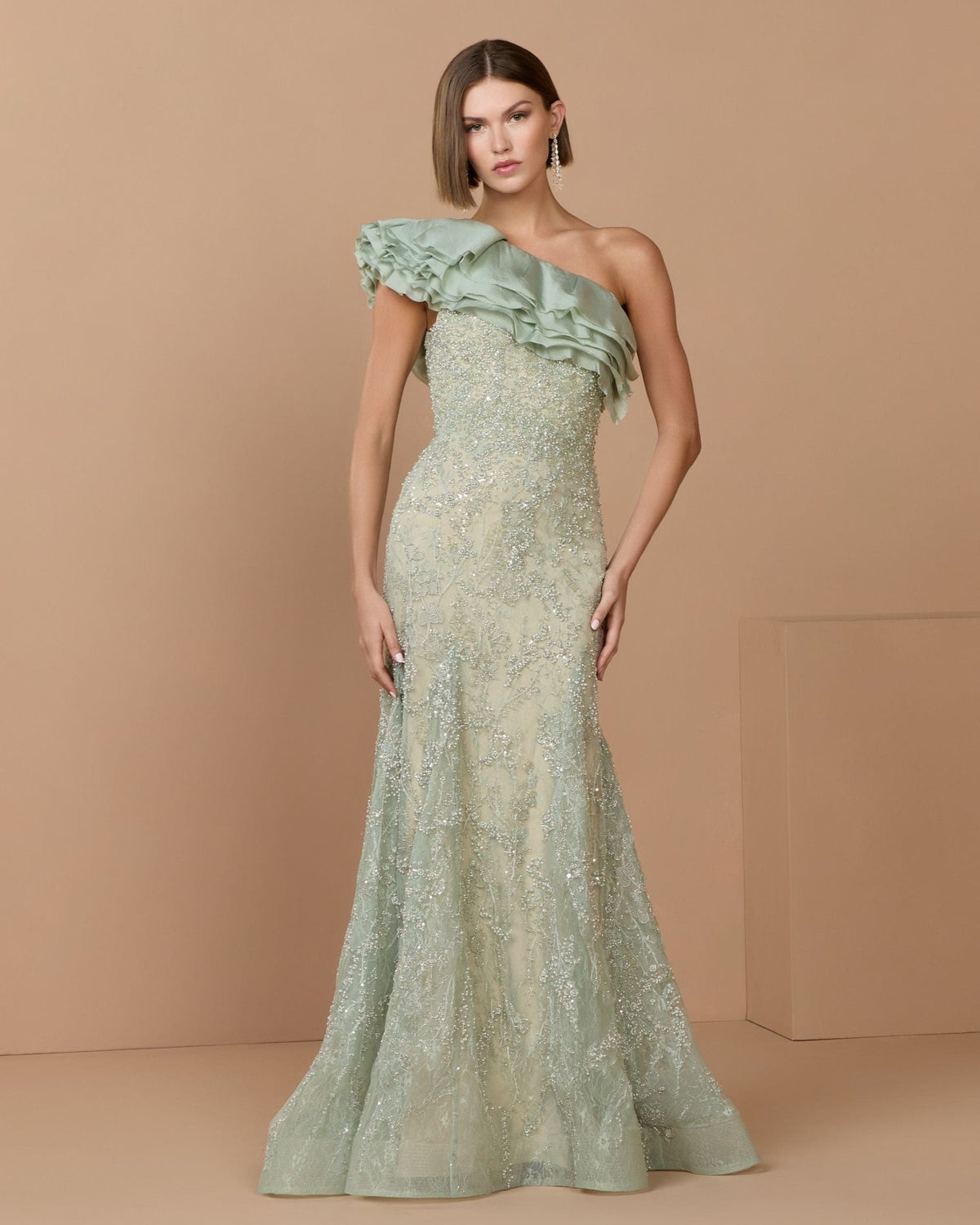 Sage Embellished Lace One Shoulder Trumpet Gown