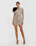 Silver Nude Long Sleeve Embellished Mini Dress With Velvet Flower
