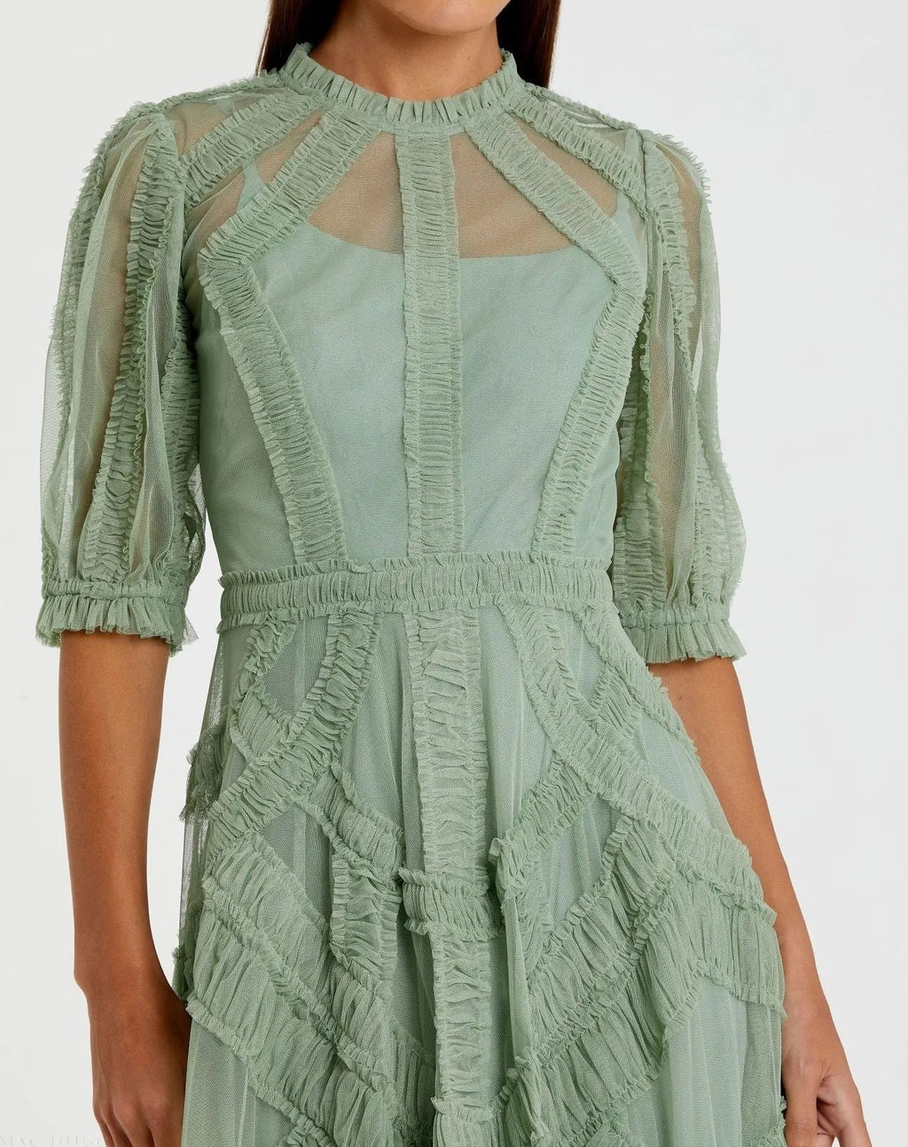 Green High Neck Ruffle Tiered A-Line Midi Dress