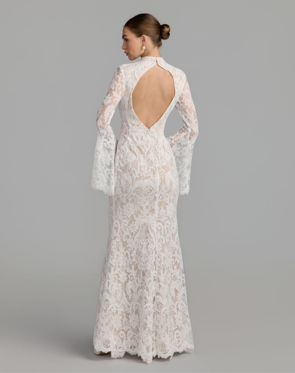 Petite Ivory Nude Mock Neck Long Sleeve Lace Gown