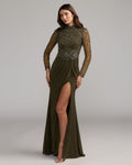 Olive Beaded Mock Neck Jersey Gown