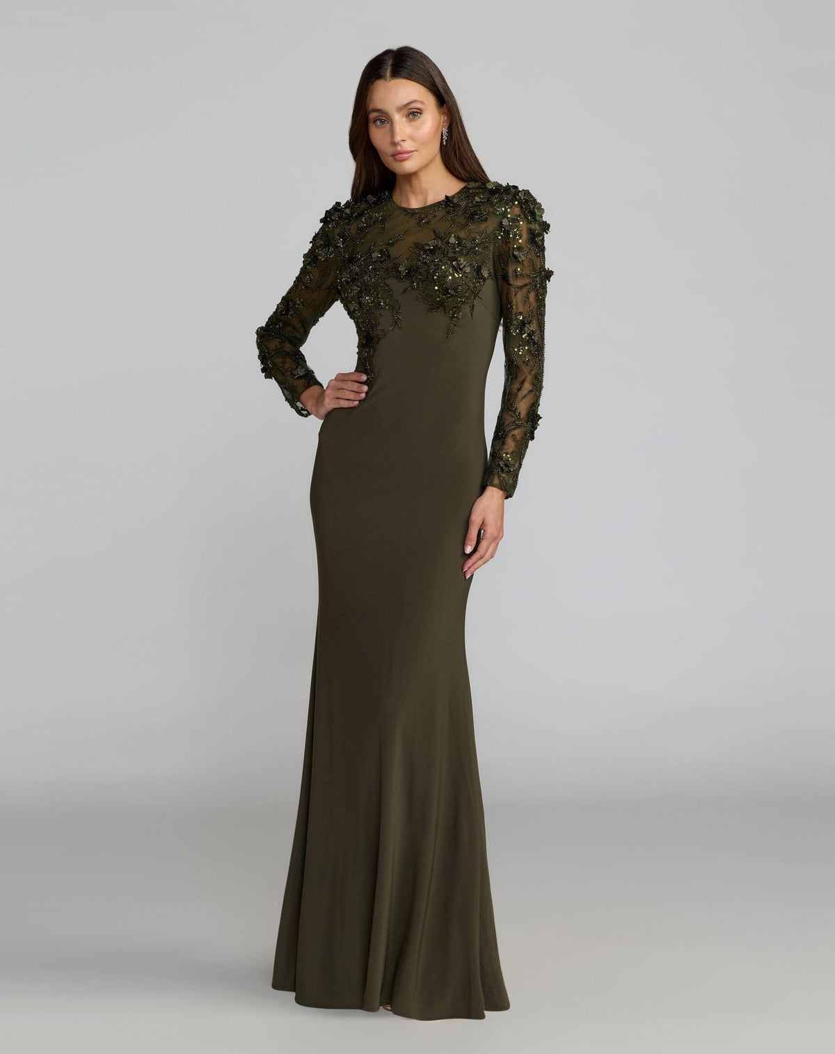 Olive Green Long Sleeve Floral Embellished Column Gown