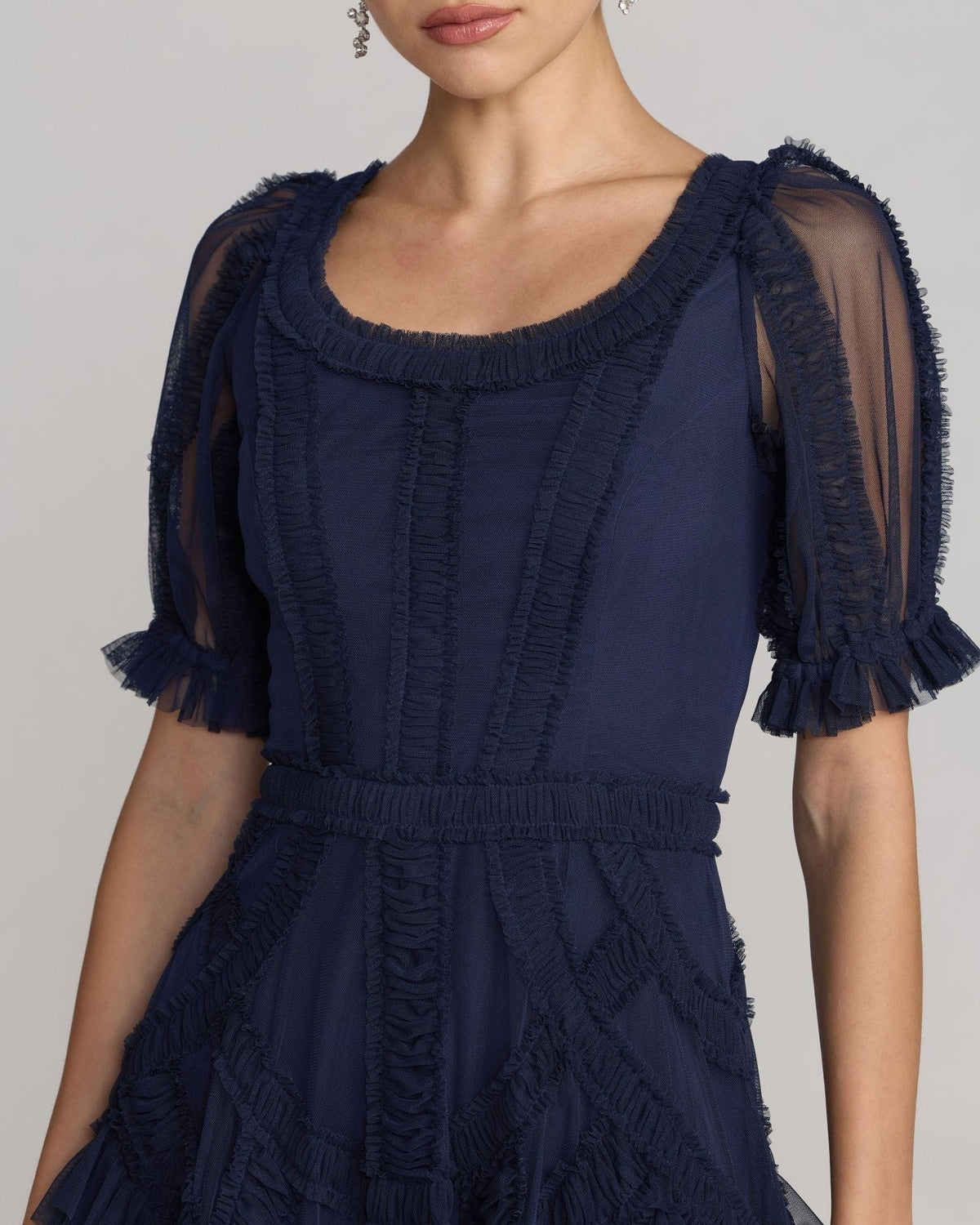 Indigo Short Sleeve Micro Ruffle Midi Dress