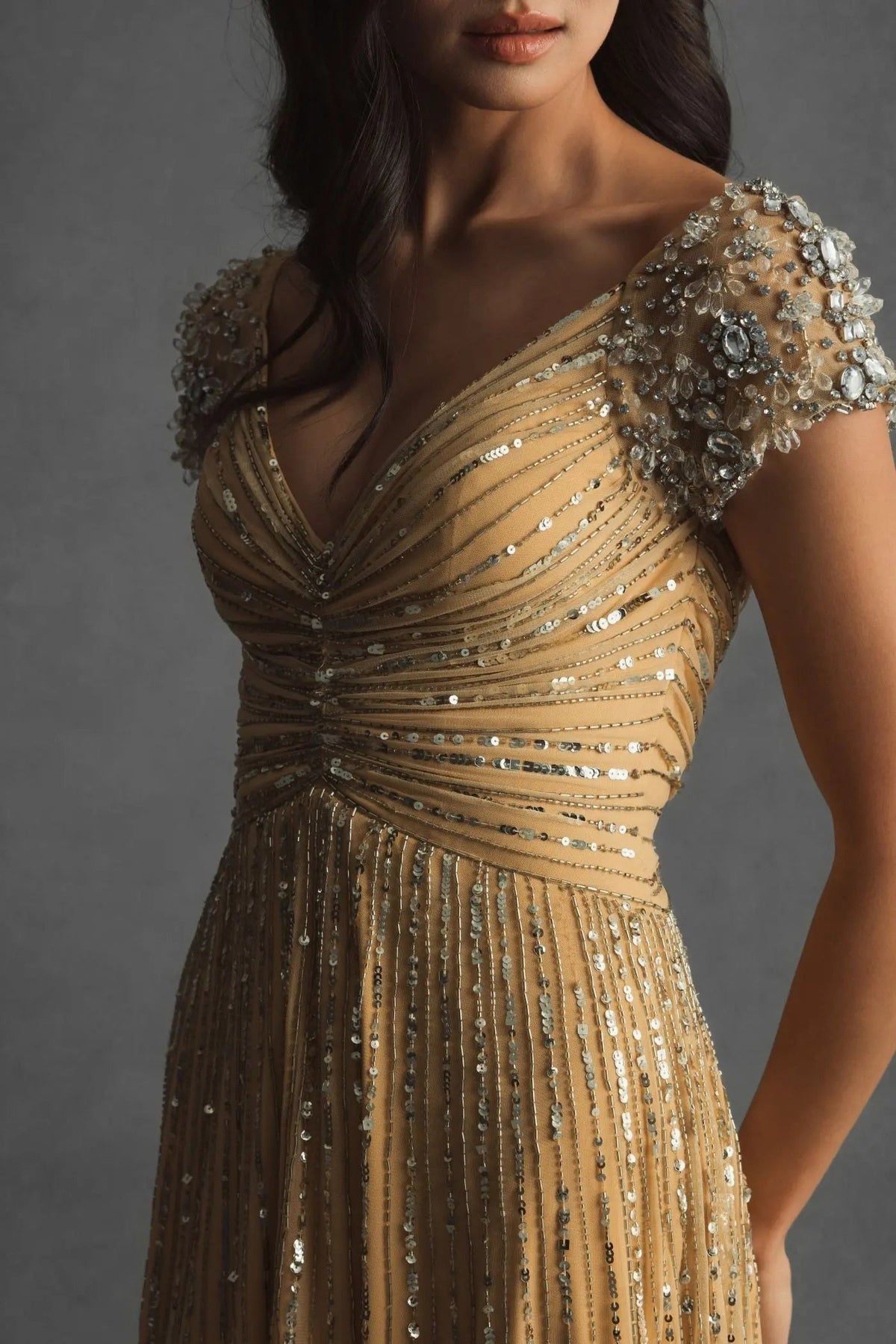 Gold Embellished V-Neck Cap Sleeve Gown