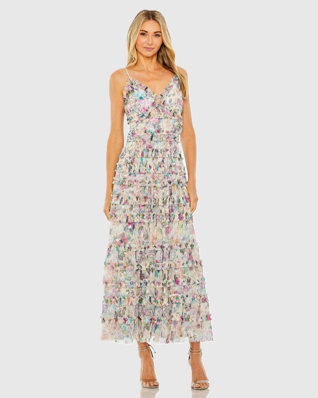 Nude Multi Floral Ruffle Tiered Maxi Dress