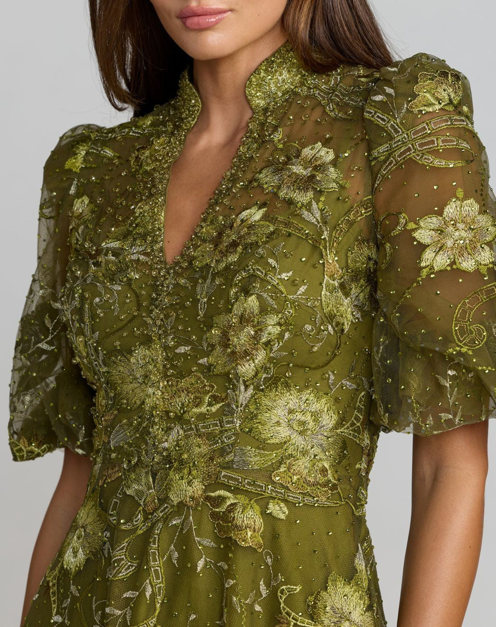Olive Queen Anne Puff Sleeve Embroidered A-Line Gown