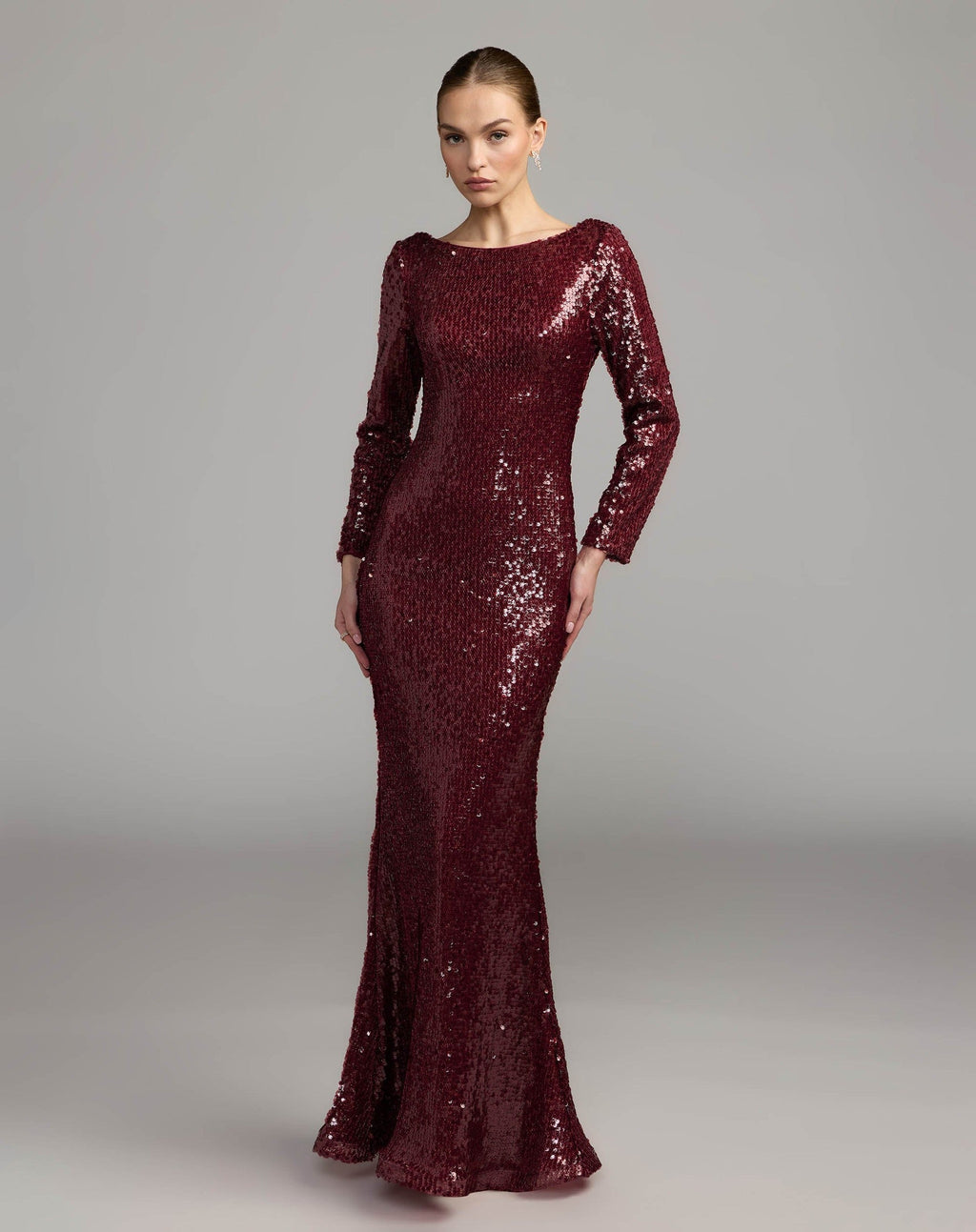 Long Sleeve Cowl Back Sequin Gown