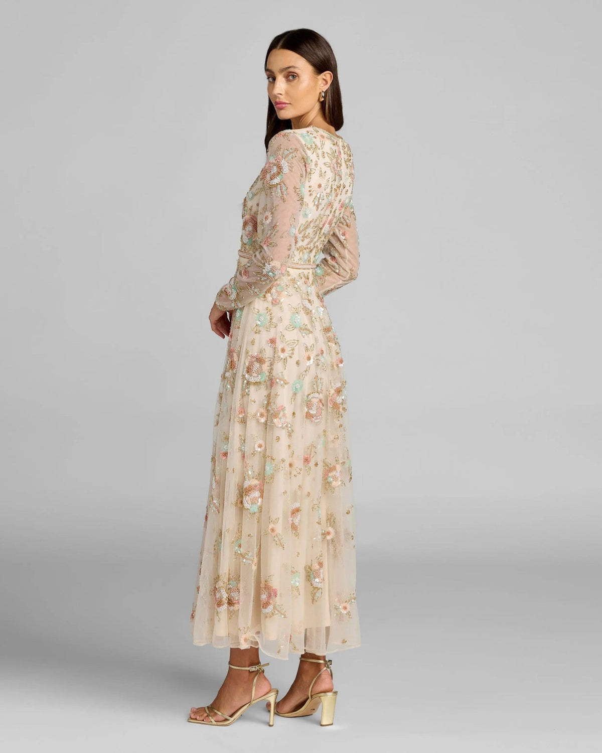 Beige Multi Floral Embellished Long Sleeve Midi Dress