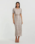 High Neck Short Sleeve Crystal Fringe Sheath Dress