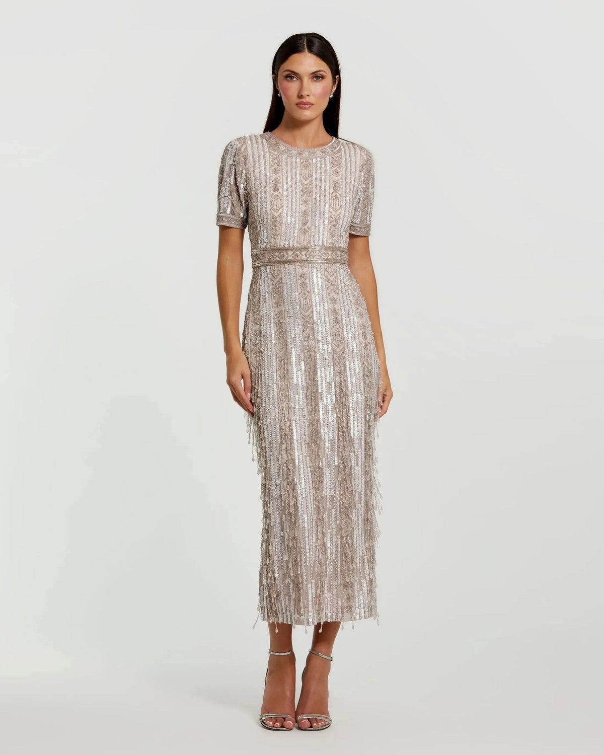High Neck Short Sleeve Crystal Fringe Sheath Dress