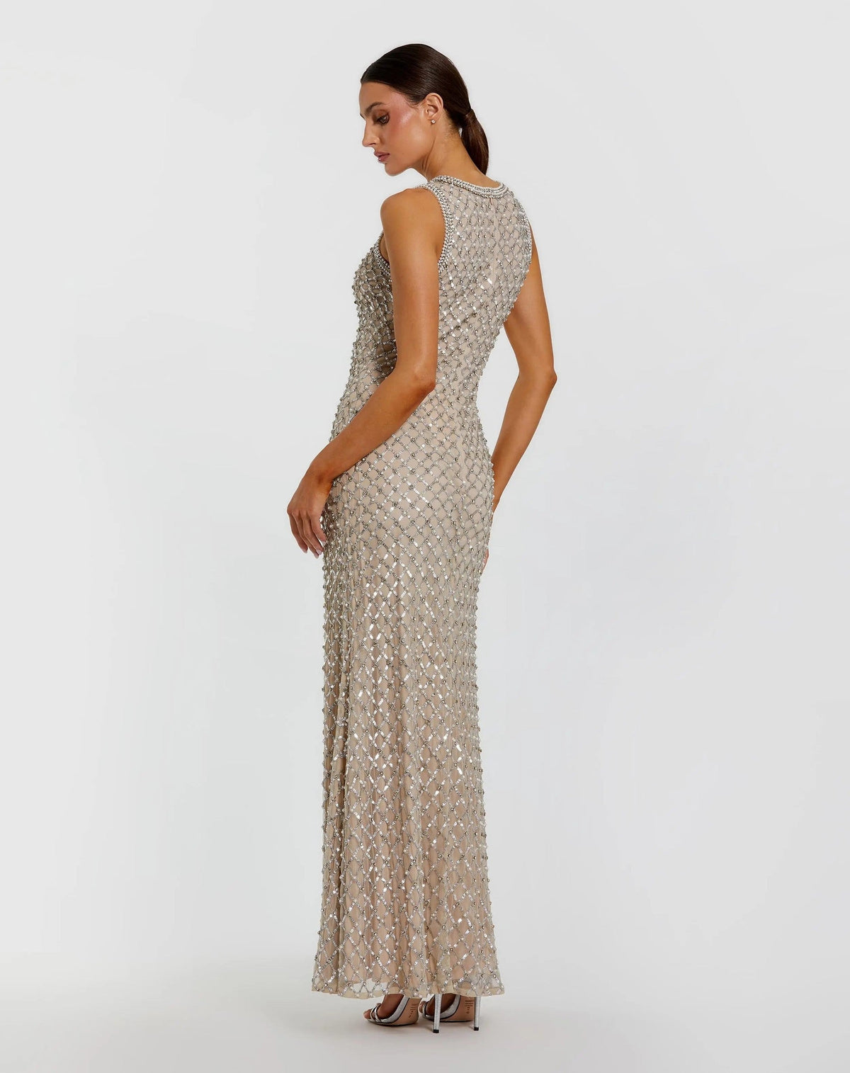 Silver Nude Embellished High Neck Column Gown