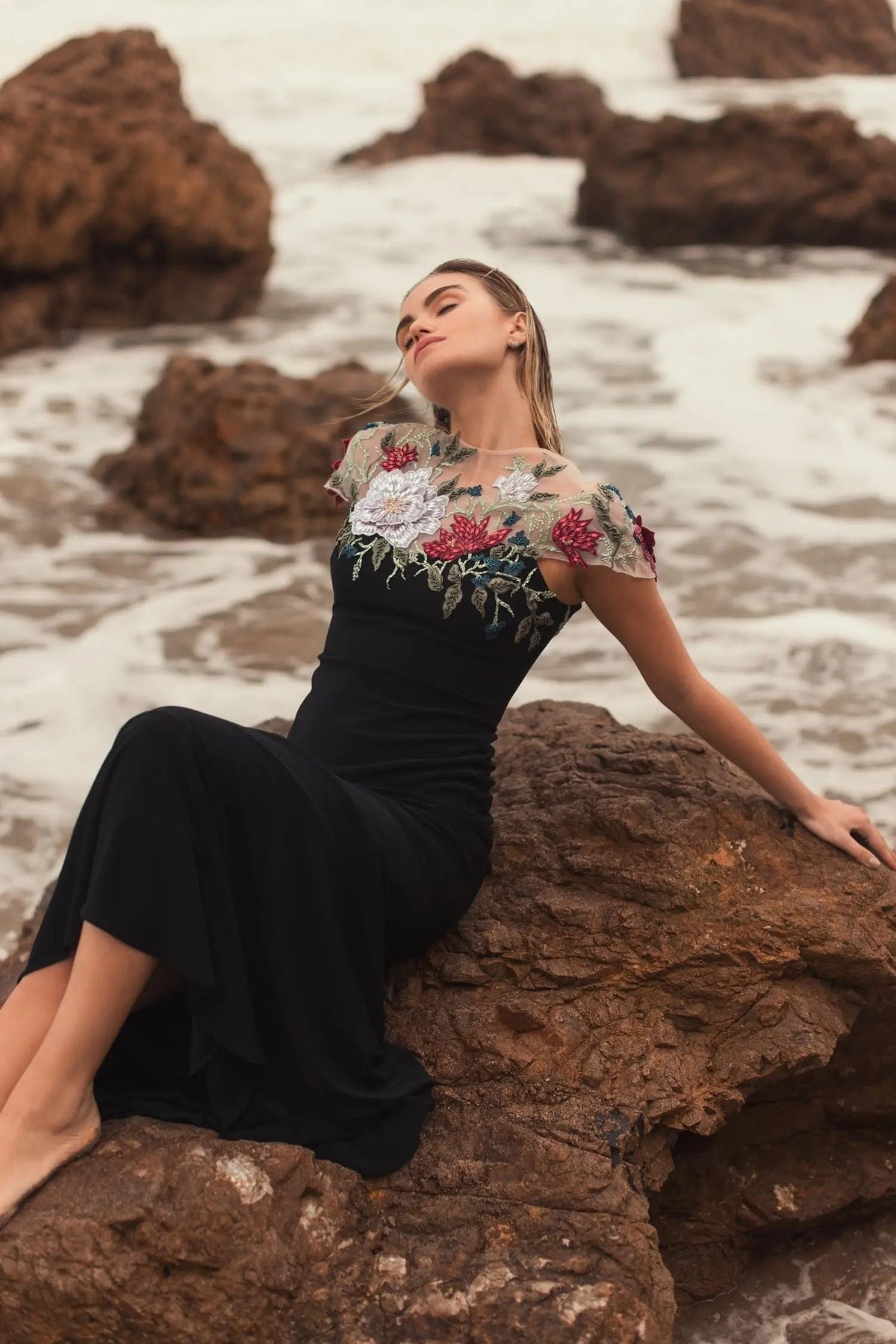 Black Floral Embellished Jersey Column Gown