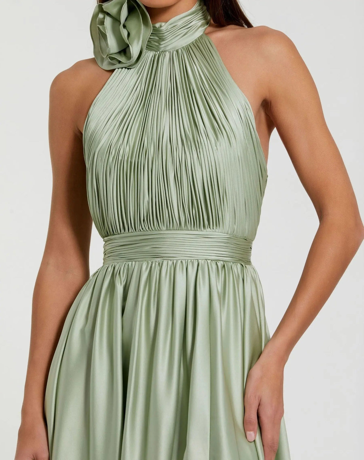Sage Halter Neck Open Back Satin Gown With Slit