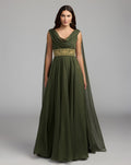 Olive Cowl Chiffon Gown With Embellished Waist