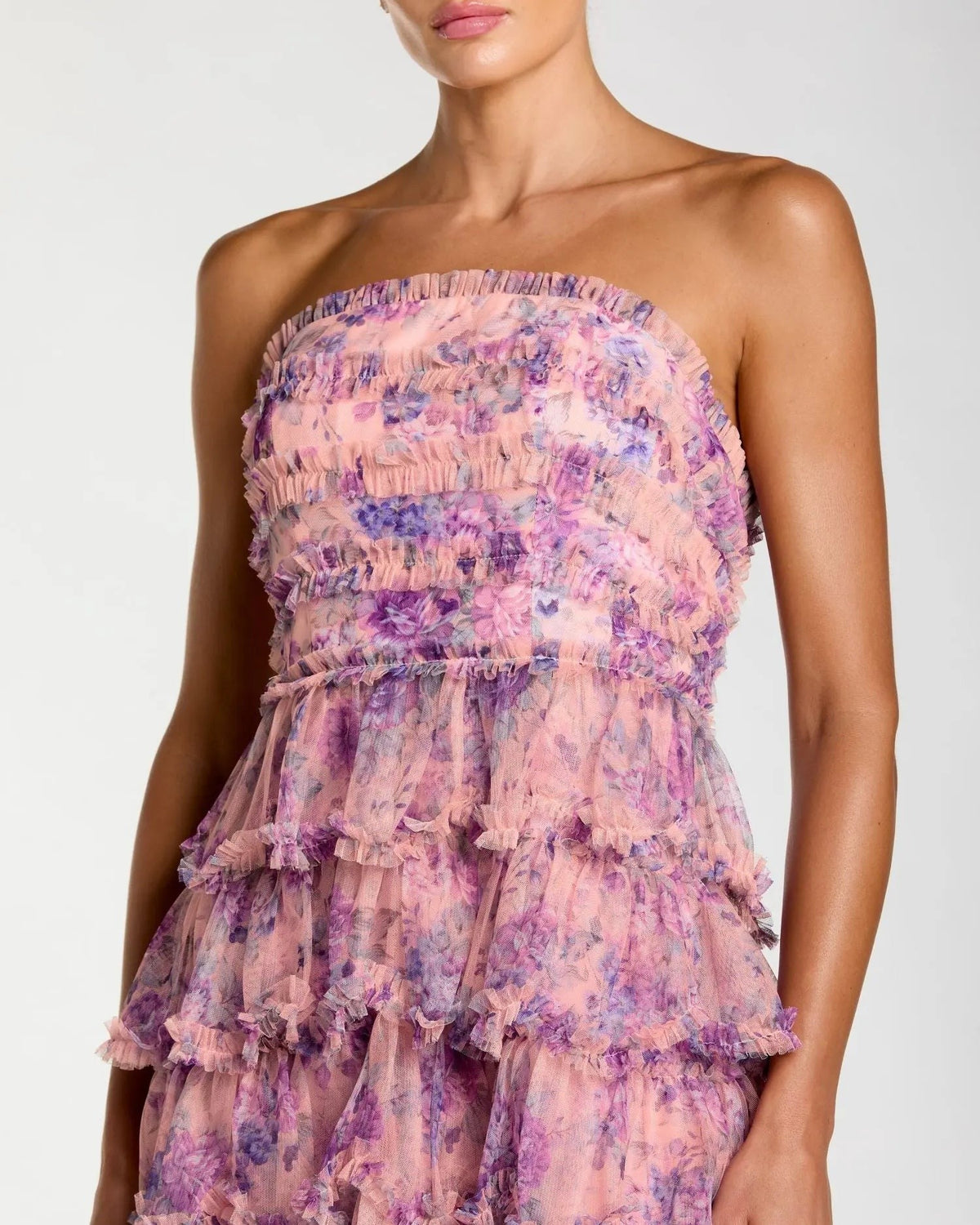 Orchid Multi Floral Ruffle Strapless Midi Dress