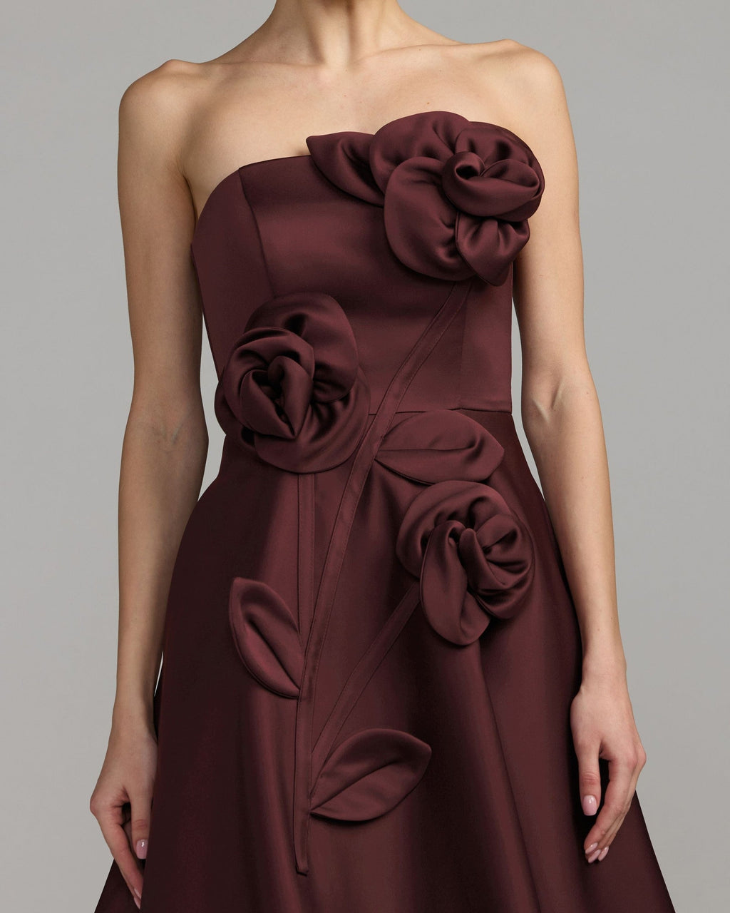 Burgundy Strapless Satin A-Line Dress With 3D Flowers