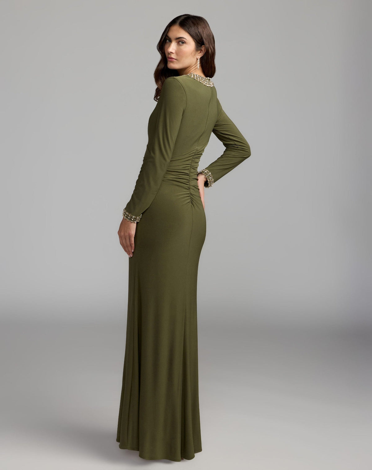 Olive Green Embellished Long Sleeve Gown With Slit