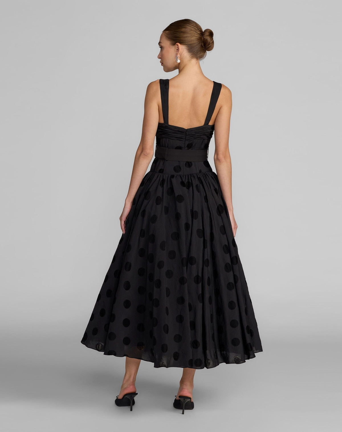 Black Polka Dot Belted Midi Dress