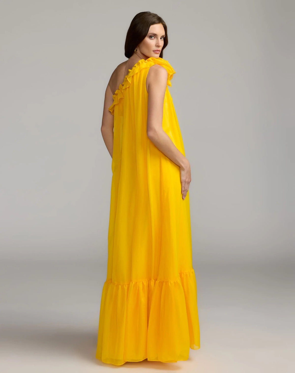 Yellow One Shoulder Chiffon Gown With 3D Rosette