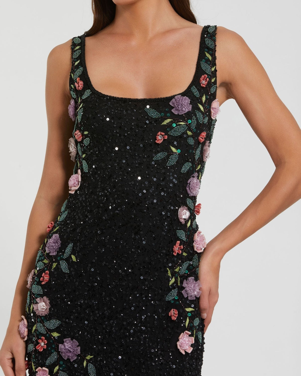 Black Floral Beaded Scoop Neck Sleeveless Gown