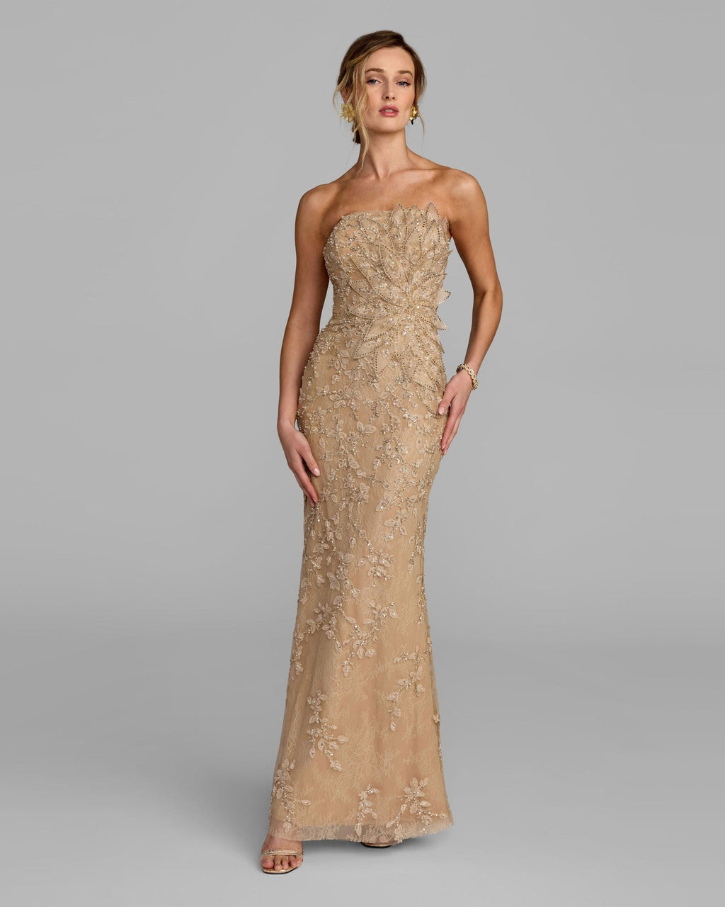 Gold Strapless Embellished Lace Gown With 3D Flower