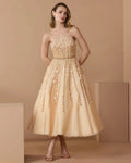 Champagne Strapless Floral Embellished Midi Dress