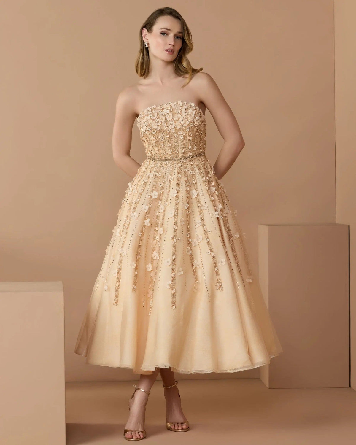 Champagne Strapless Floral Embellished Midi Dress