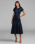 Midnight High Neck Short Sleeve Boucle Midi Dress