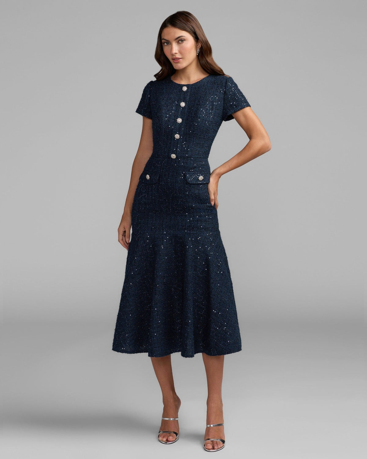 Midnight High Neck Short Sleeve Boucle Midi Dress