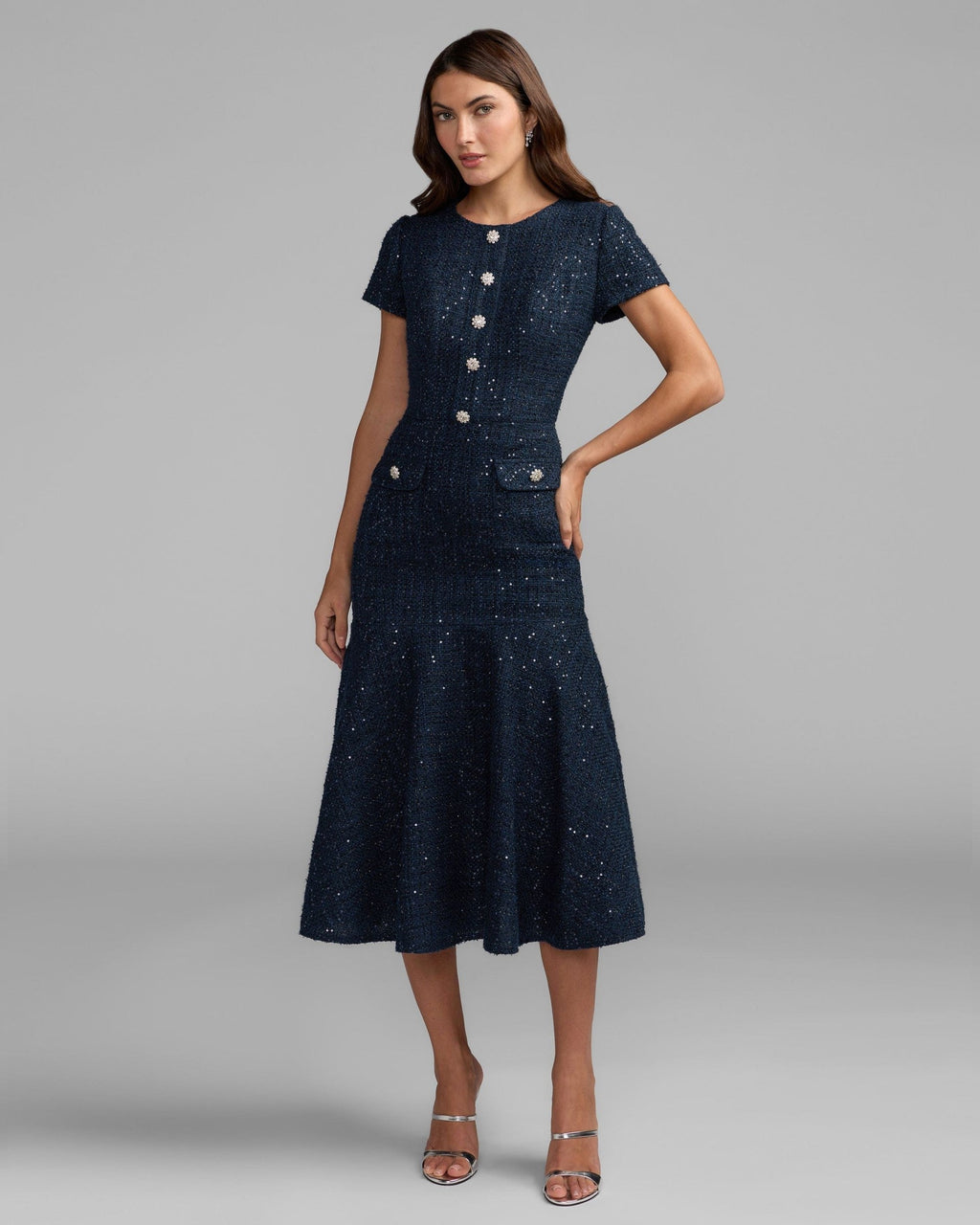 High Neck Short Sleeve Boucle Midi Dress
