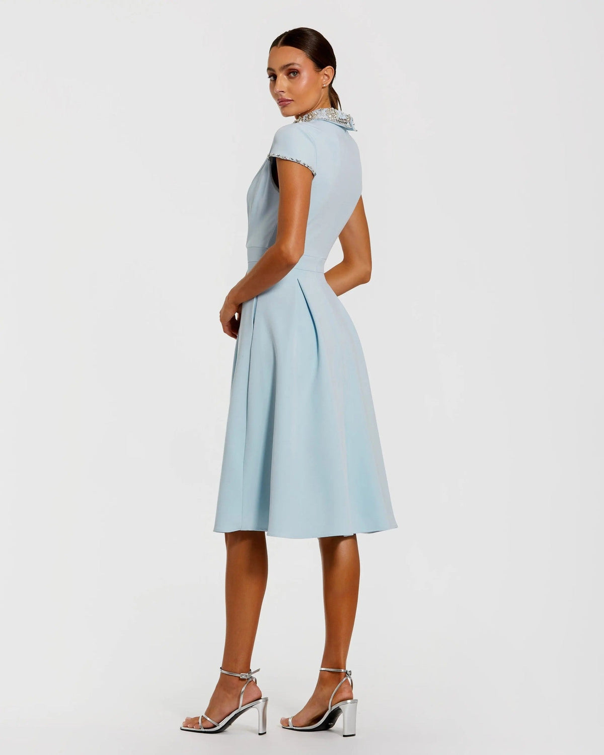 Blue Embellished Collar A-Line Midi Dress