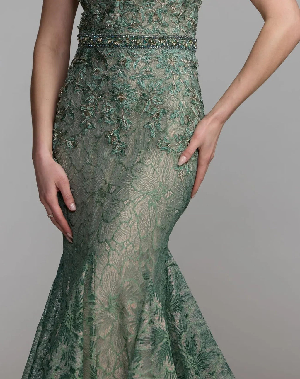 Sage Embellished Lace Illusion Neck Gown With 3D Flowers