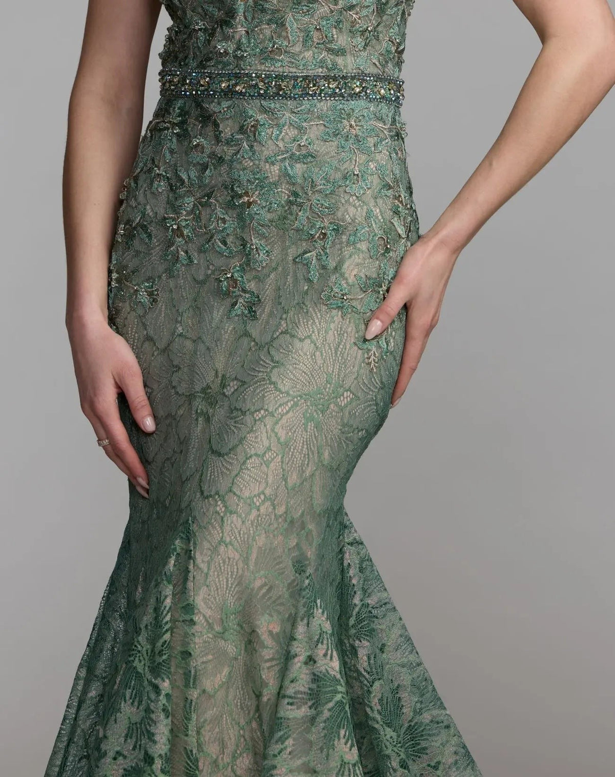 Sage Embellished Lace Illusion Neck Gown With 3D Flowers