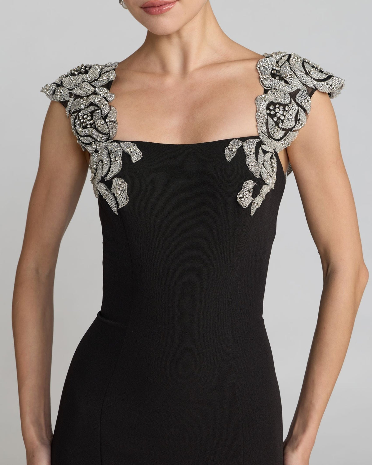 Black Beaded Floral Appliqué Mermaid Gown