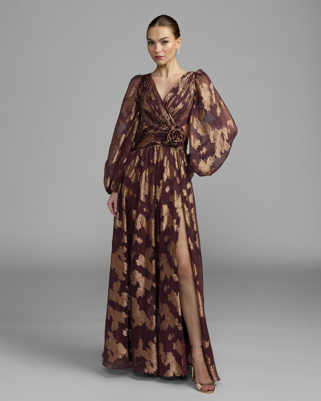 Wine Metallic Burnout Rosette A-Line Gown