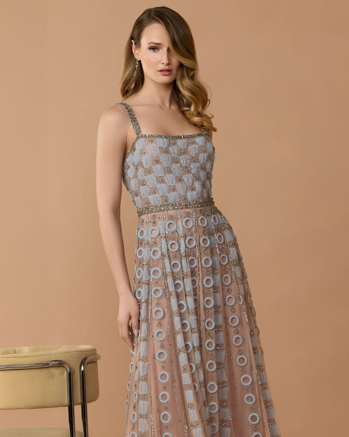 Petite Powder Blue Sleeveless Embellished A-line Gown