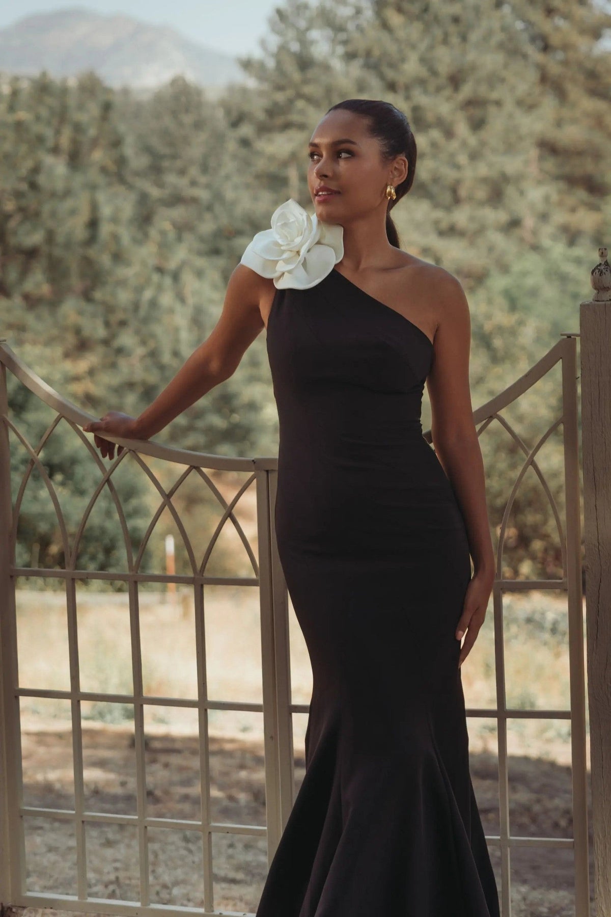 Black Ivory One Shoulder Mermaid Gown With 3D Flower