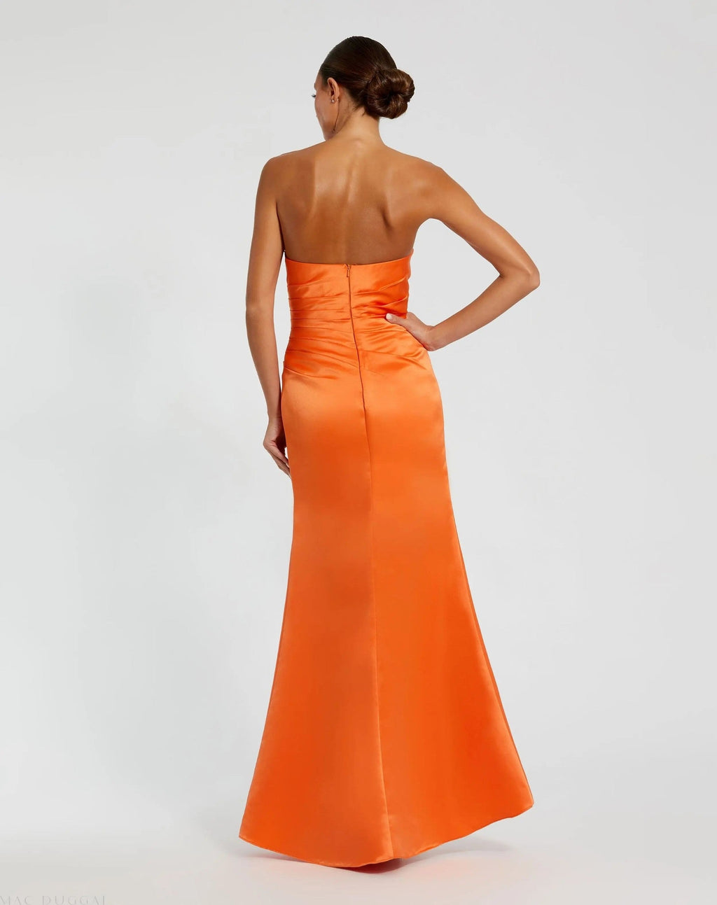 Sherbet Strapless Satin Gown With Slit