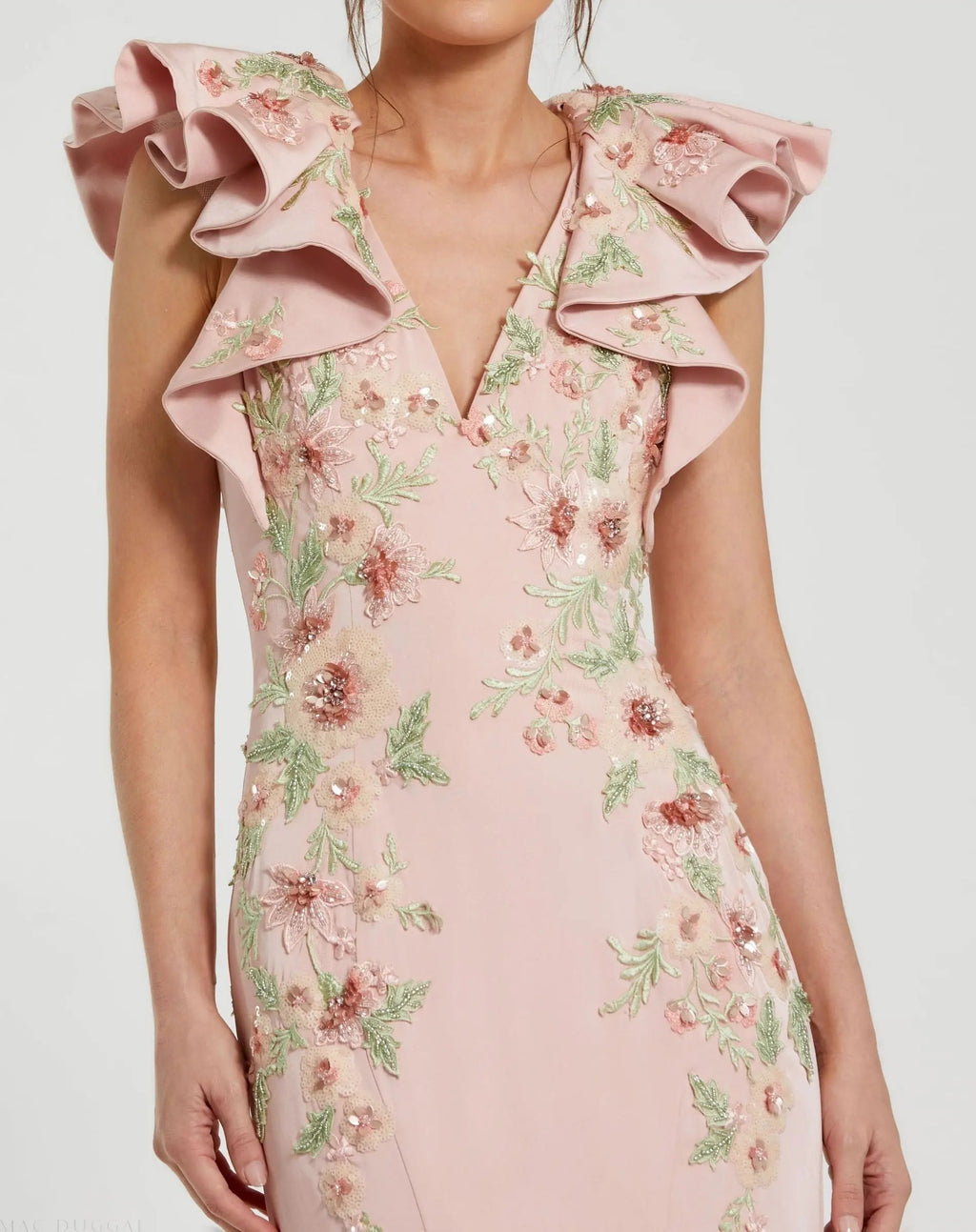 Blush Flutter Sleeve Embellished Mermaid Gown
