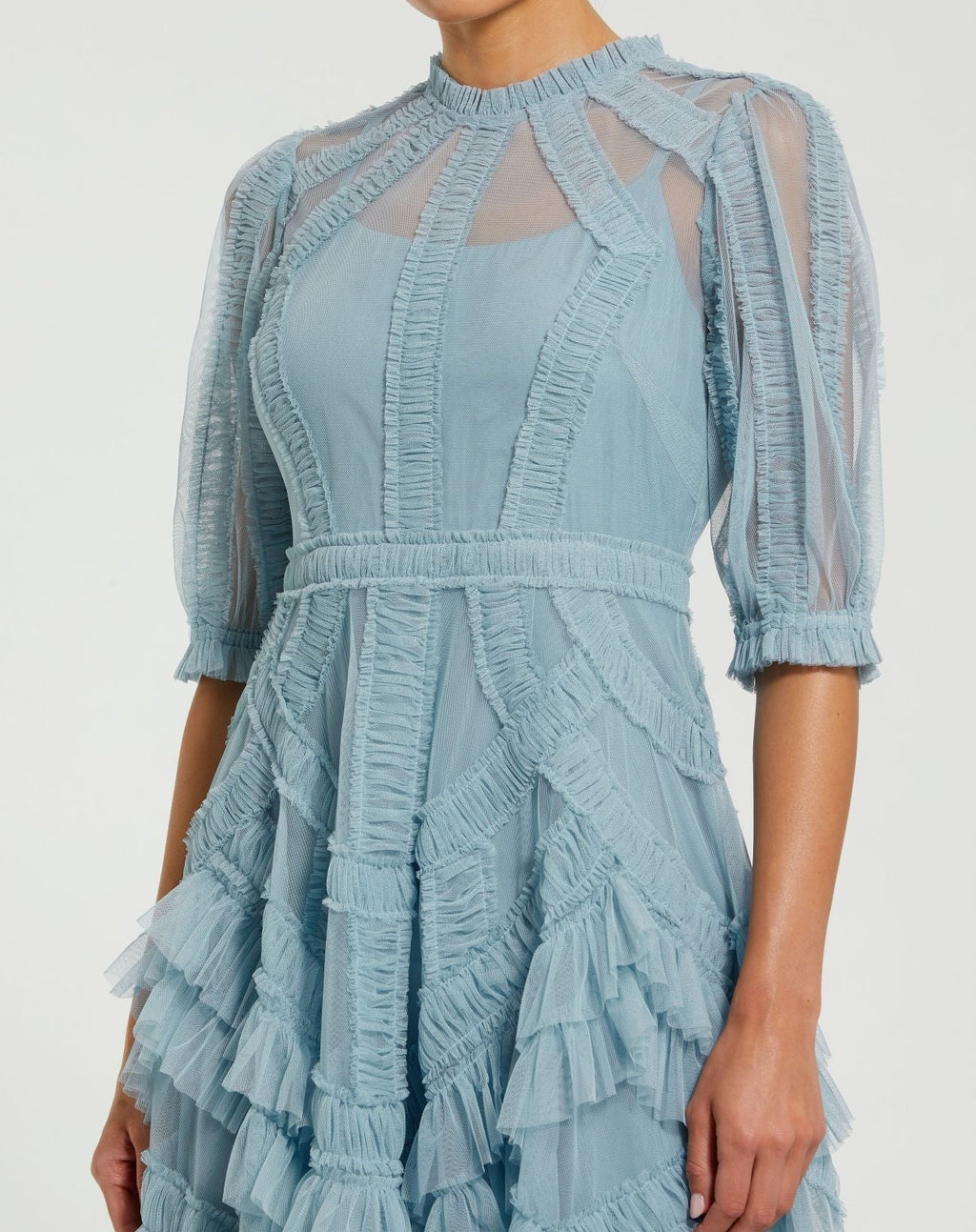 Petite Blue High Neck Ruffle Tiered A-Line Midi Dress