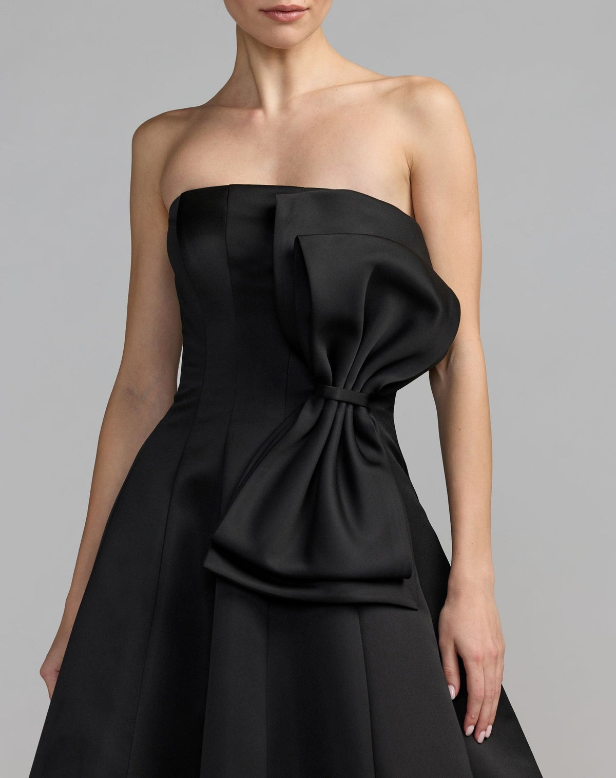 Black Strapless Satin A-Line Midi Dress With Bow