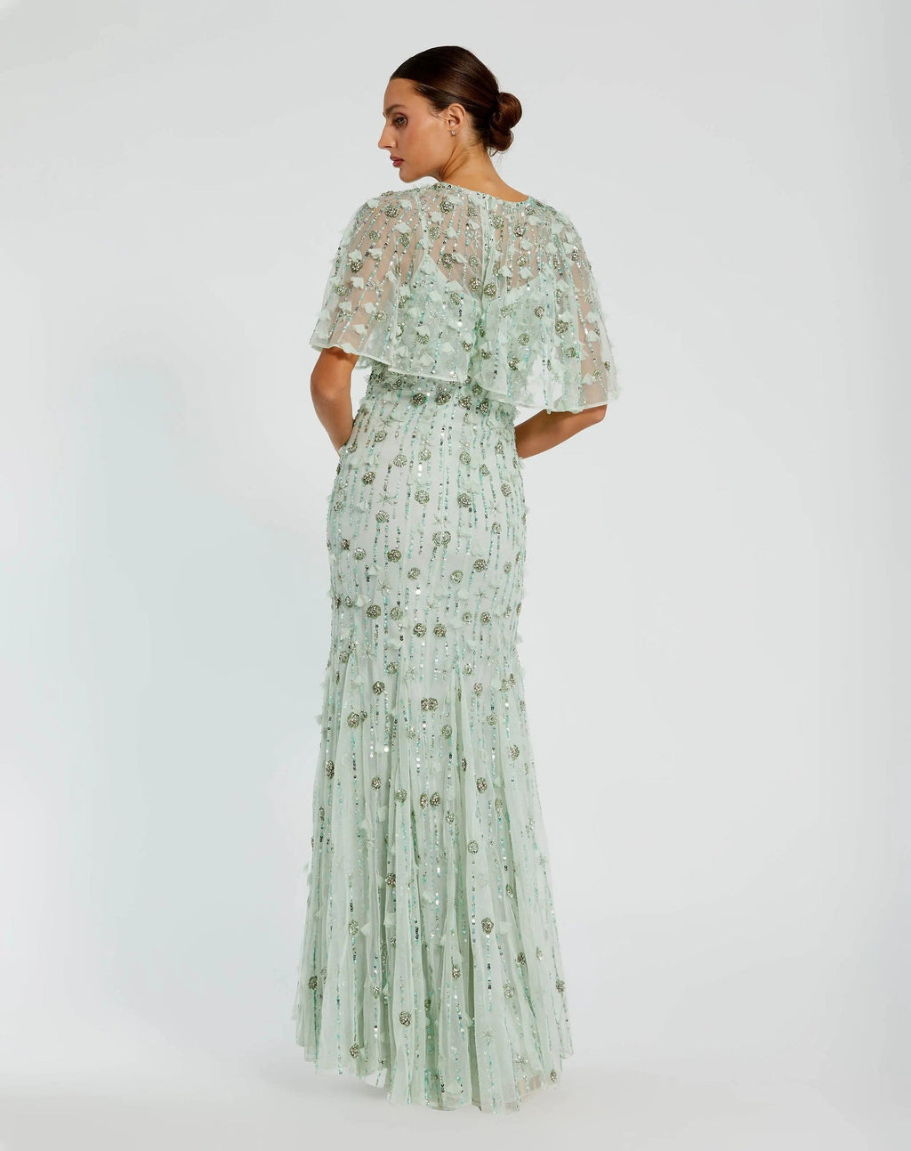 Sage Embellished Illusion Cape Sleeve Trumpet Gown