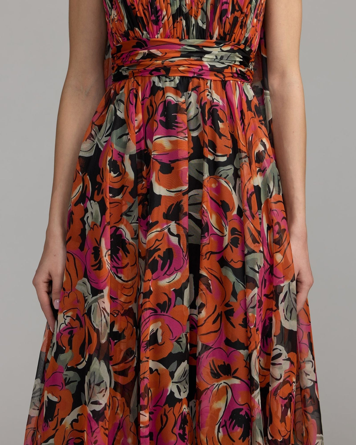 Rose Floral Chiffon Gown With Scarf
