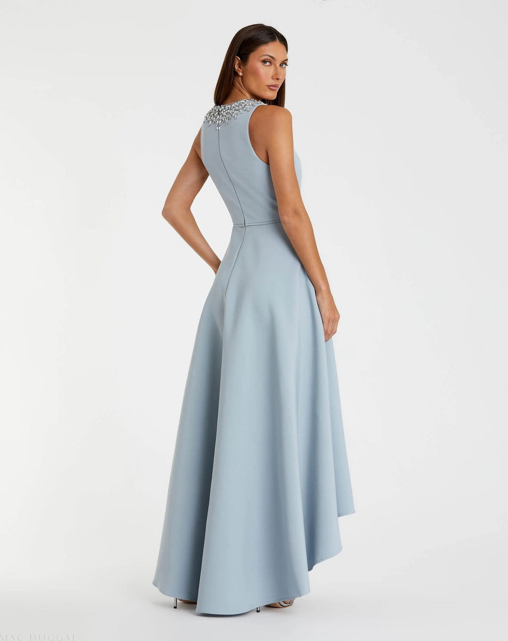 Powder Blue Crepe Embellished Neck High Low Gown