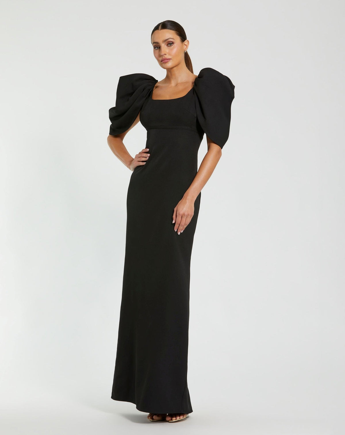 Fitted Crepe Scoop Neck Gown With Puff Sleeves