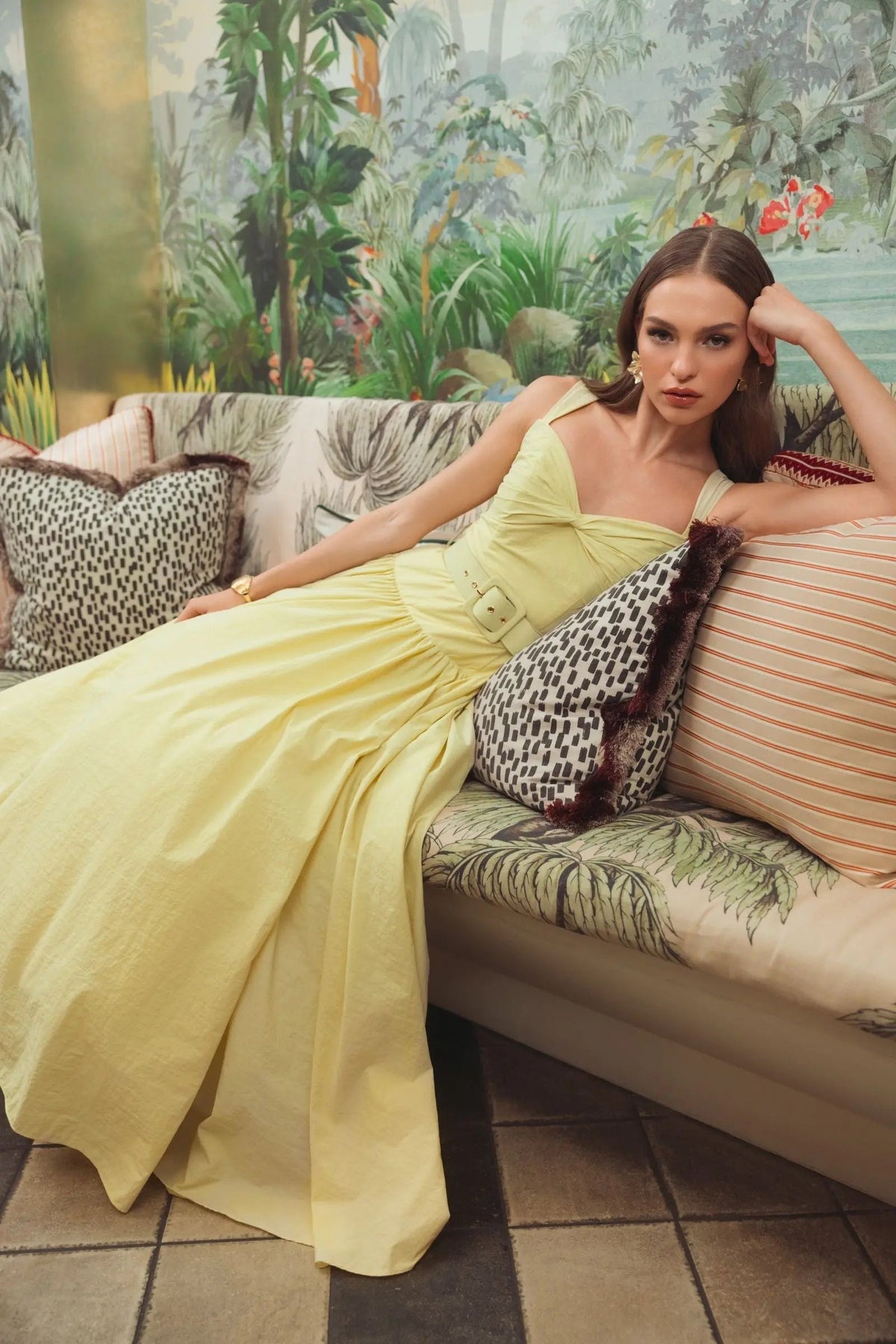 Yellow Sweetheart Belted Midi Dress