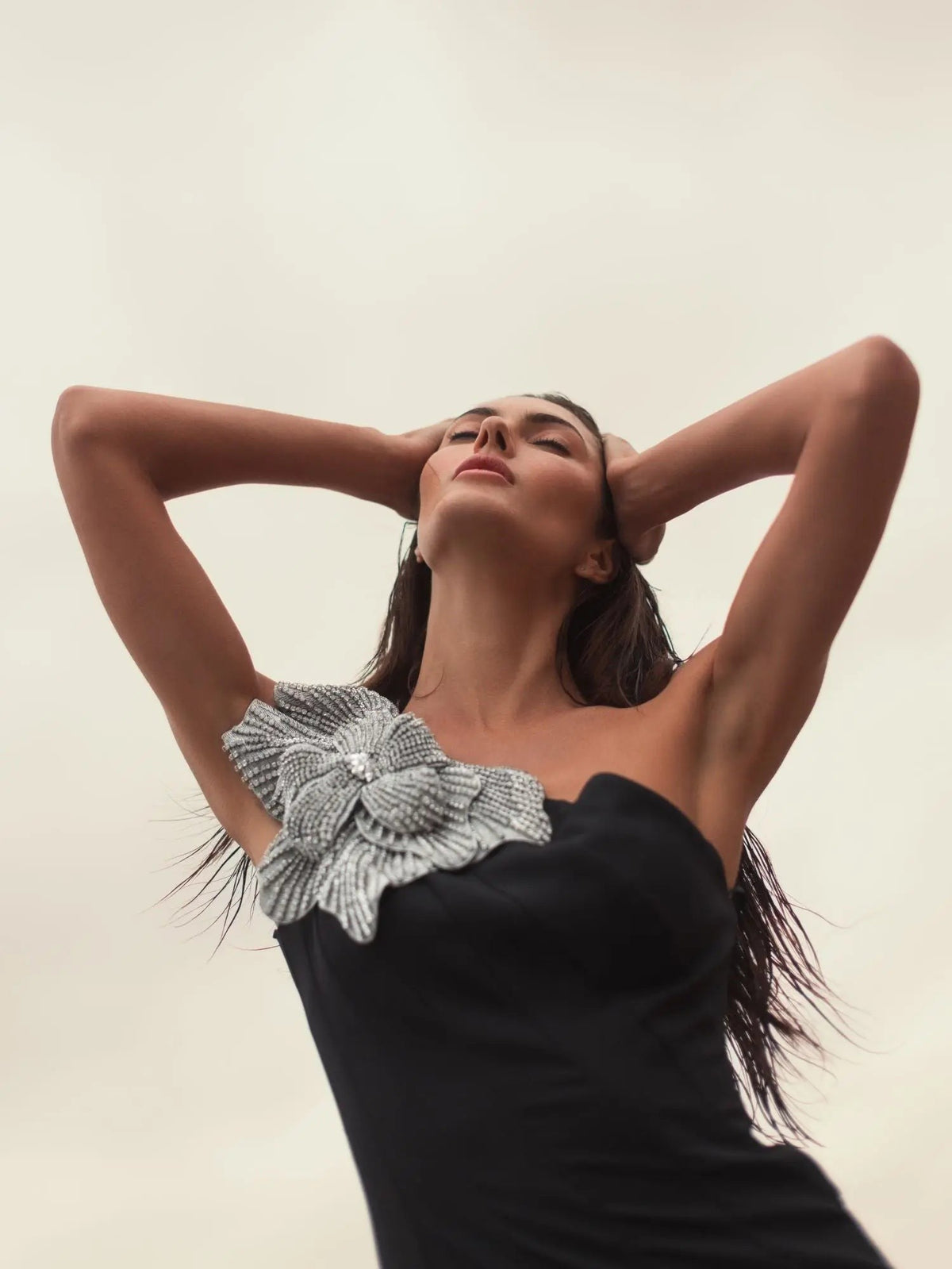Black One Shoulder Trumpet Gown With Crystal Flower